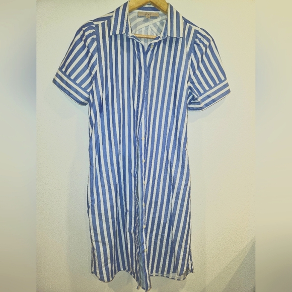 Loft blue & white button down waist tie short sleeve dress - Picture 4 of 6